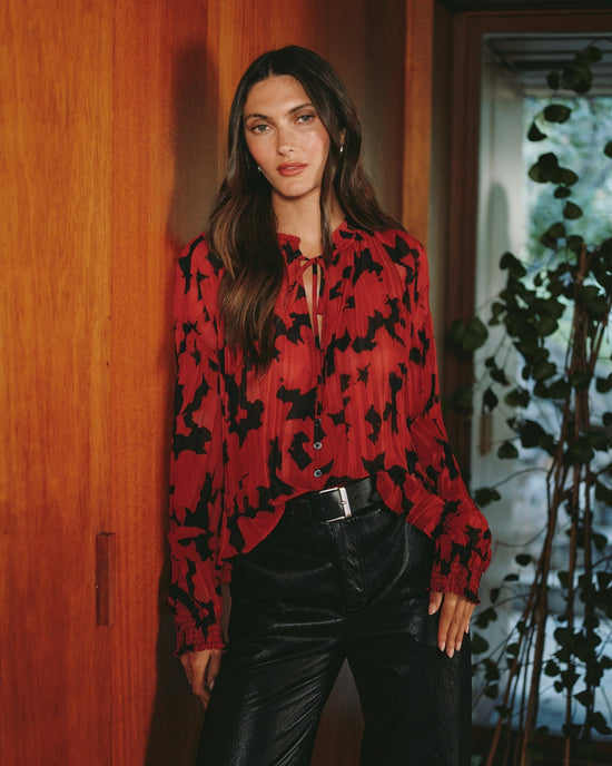 Print Your Post Long Sleeve Pleated Smocked Button Down - Red Camellia