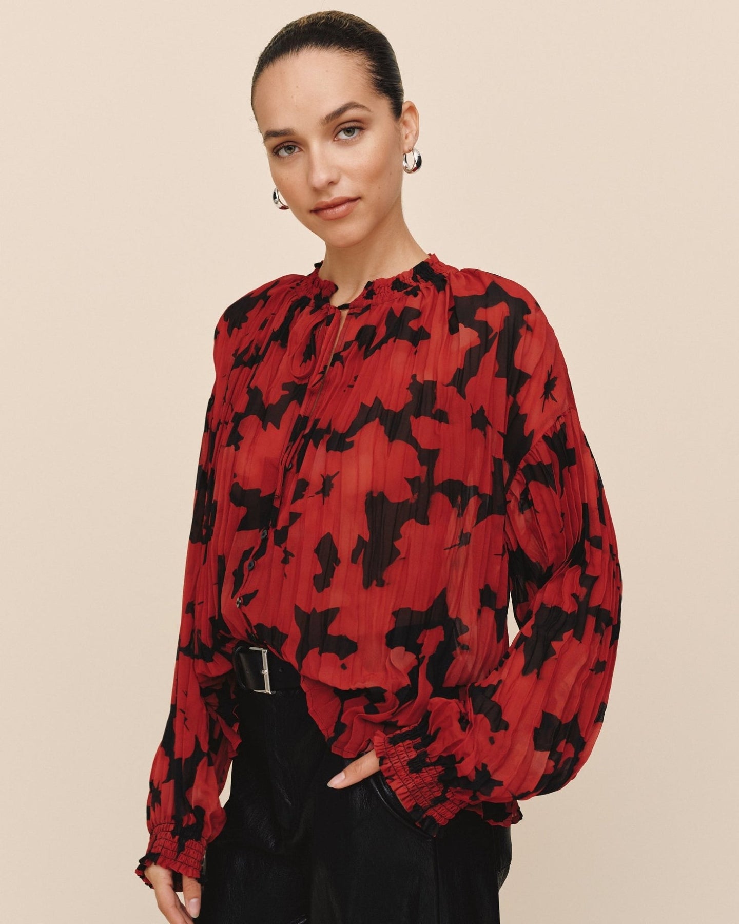 Print Your PostLong Sleeve Pleated Smocked Button Down - Red CamelliaTops