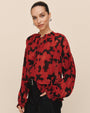 Print Your PostLong Sleeve Pleated Smocked Button Down - Red CamelliaTops