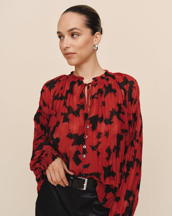 Print Your Post Long Sleeve Pleated Smocked Button Down - Red Camellia View 2