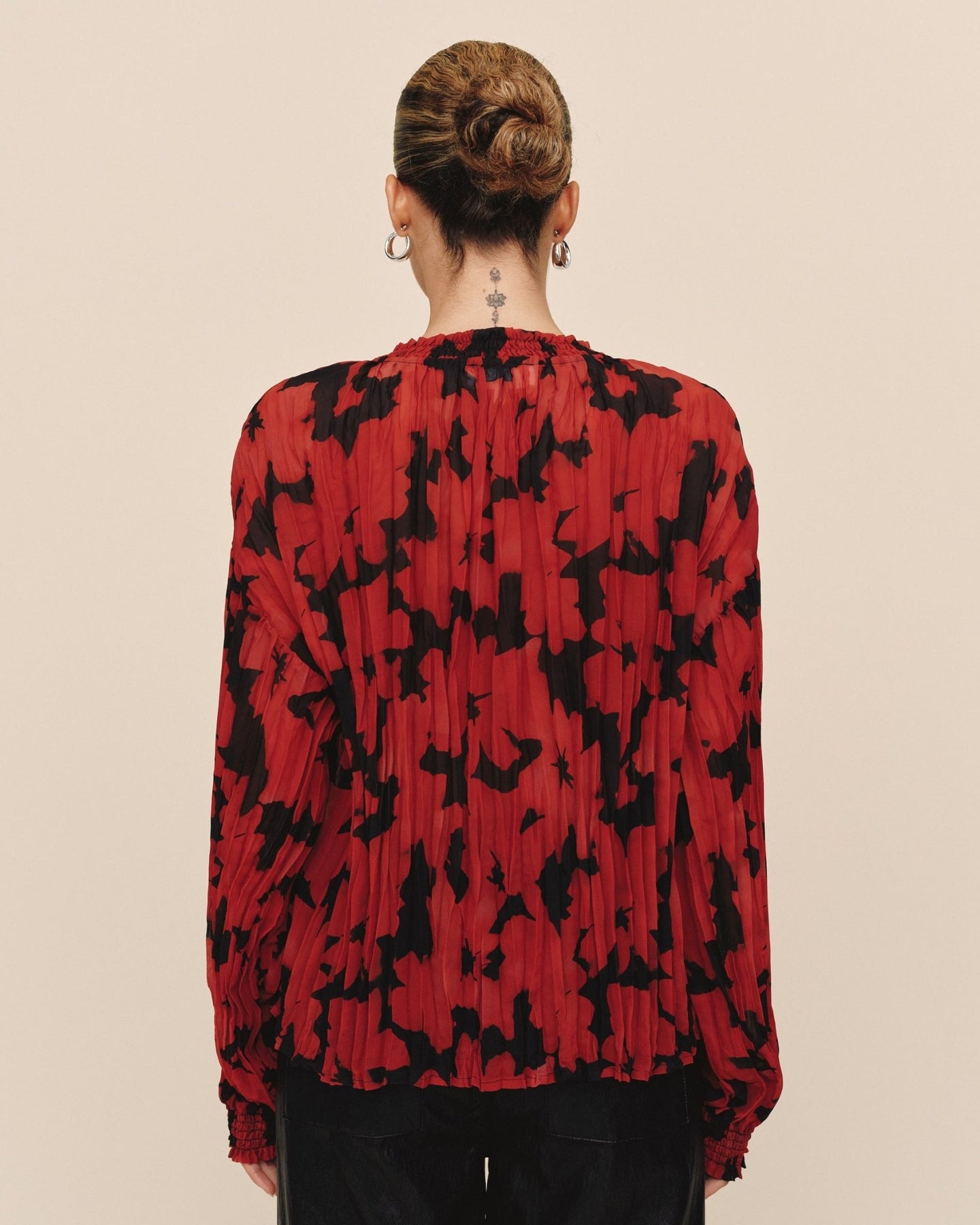 Print Your PostLong Sleeve Pleated Smocked Button Down - Red CamelliaTops