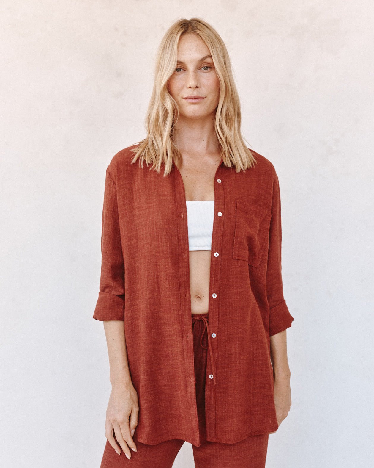 Print Your PostLong Sleeve Pocket Button Down Tunic - Red SandTops