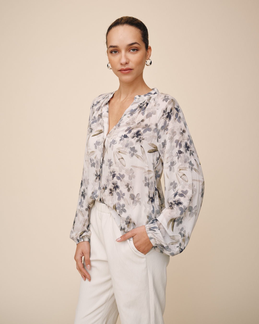 Print Your PostLong Sleeve Shirred Raglan Shirt - Frozen WisteriaTops