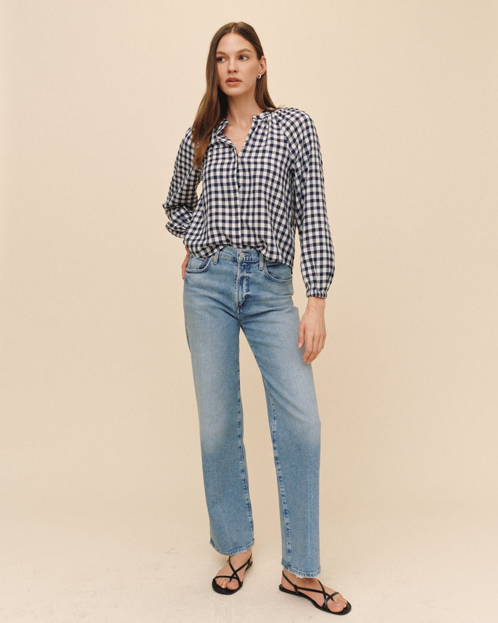 Print Your PostLong Sleeve Shirred Raglan Shirt - Navy GinghamTops