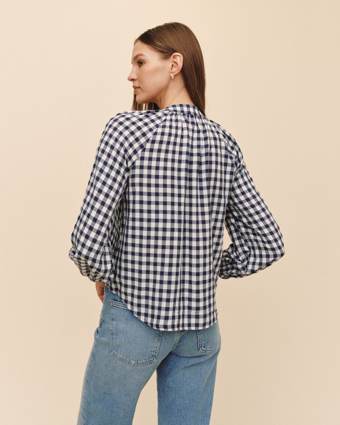 Print Your PostLong Sleeve Shirred Raglan Shirt - Navy GinghamTops