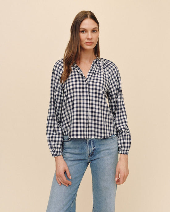 Print Your Post Long Sleeve Shirred Raglan Shirt - Navy Gingham