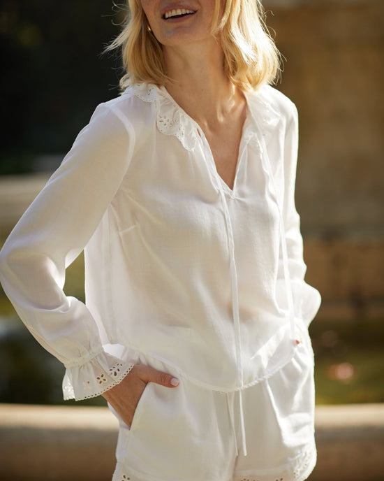 Print Your Post Long Sleeve Tie Neck Ruffle Top - White