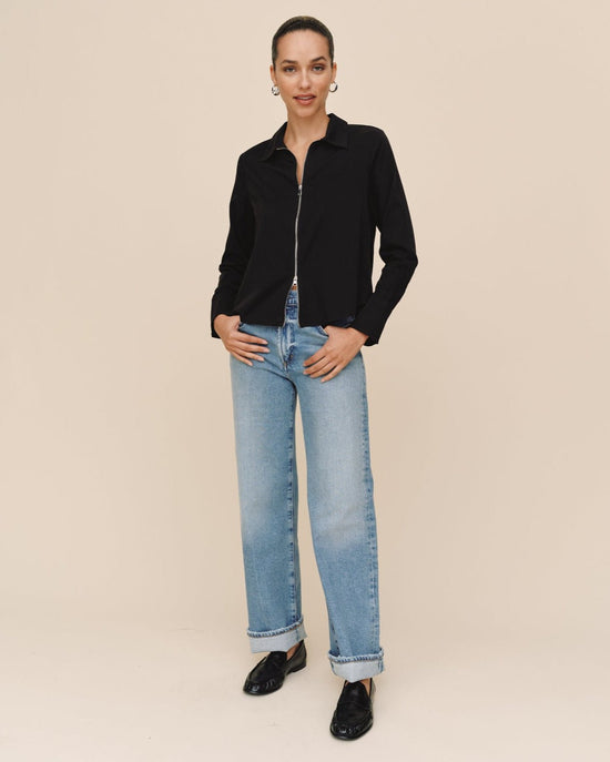 Print Your Post Long Sleeve Zip Front Shirt - Black View 2