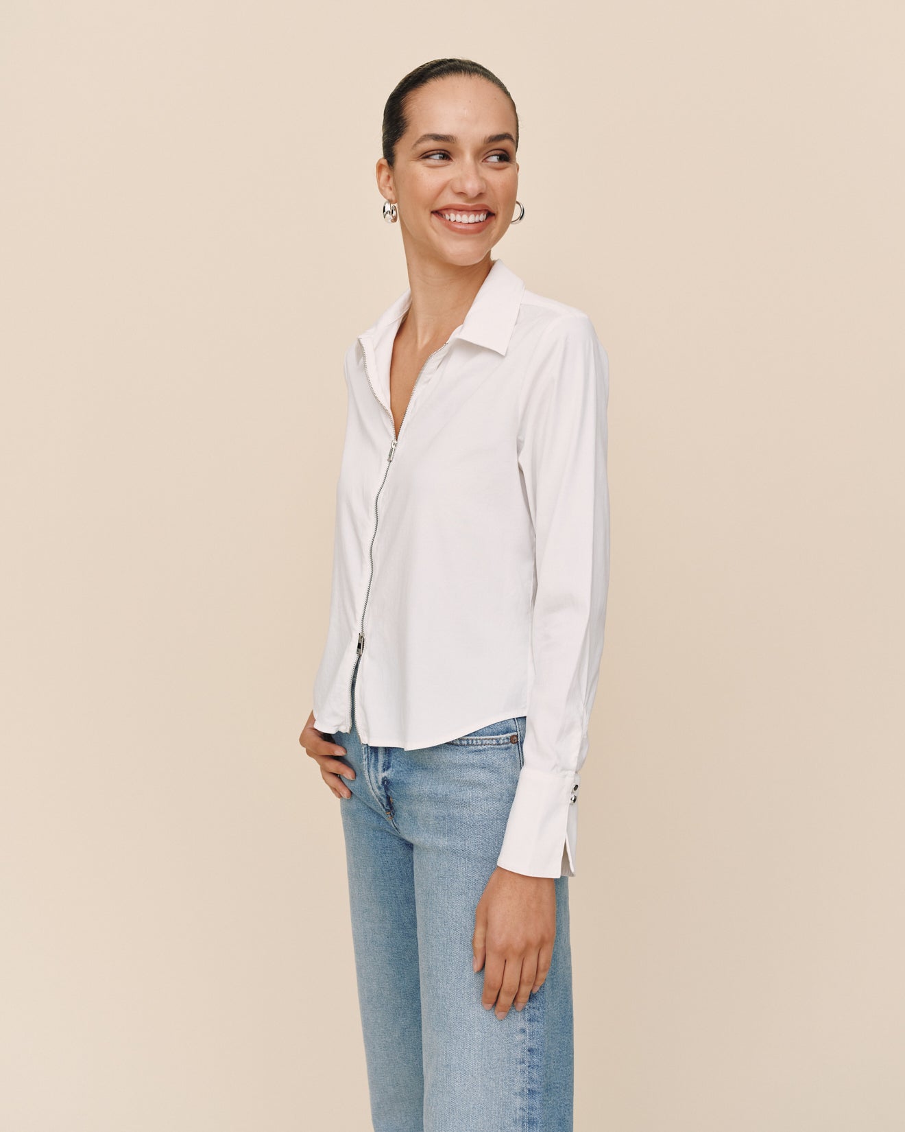 Print Your PostLong Sleeve Zip Front Shirt - WhiteTops