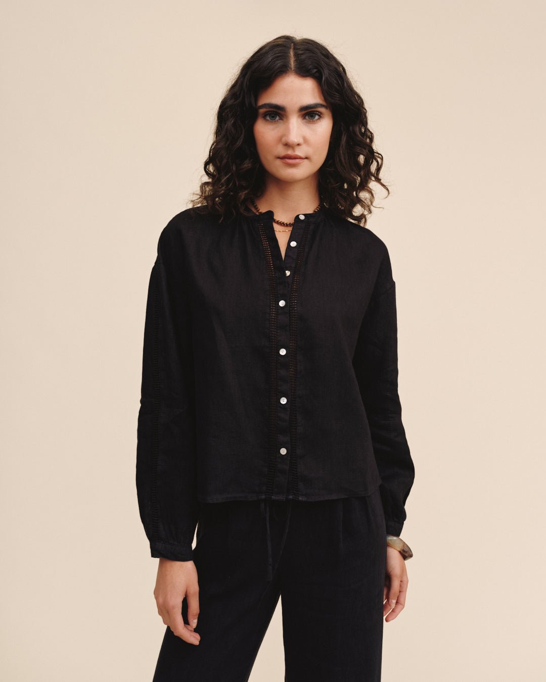 Print Your PostMandarin Collar Trimmed Button Down - BlackTops