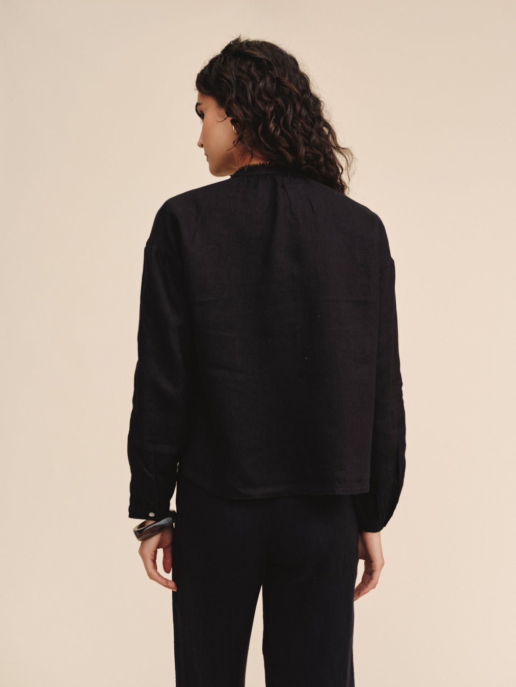 Print Your PostMandarin Collar Trimmed Button Down - BlackTops