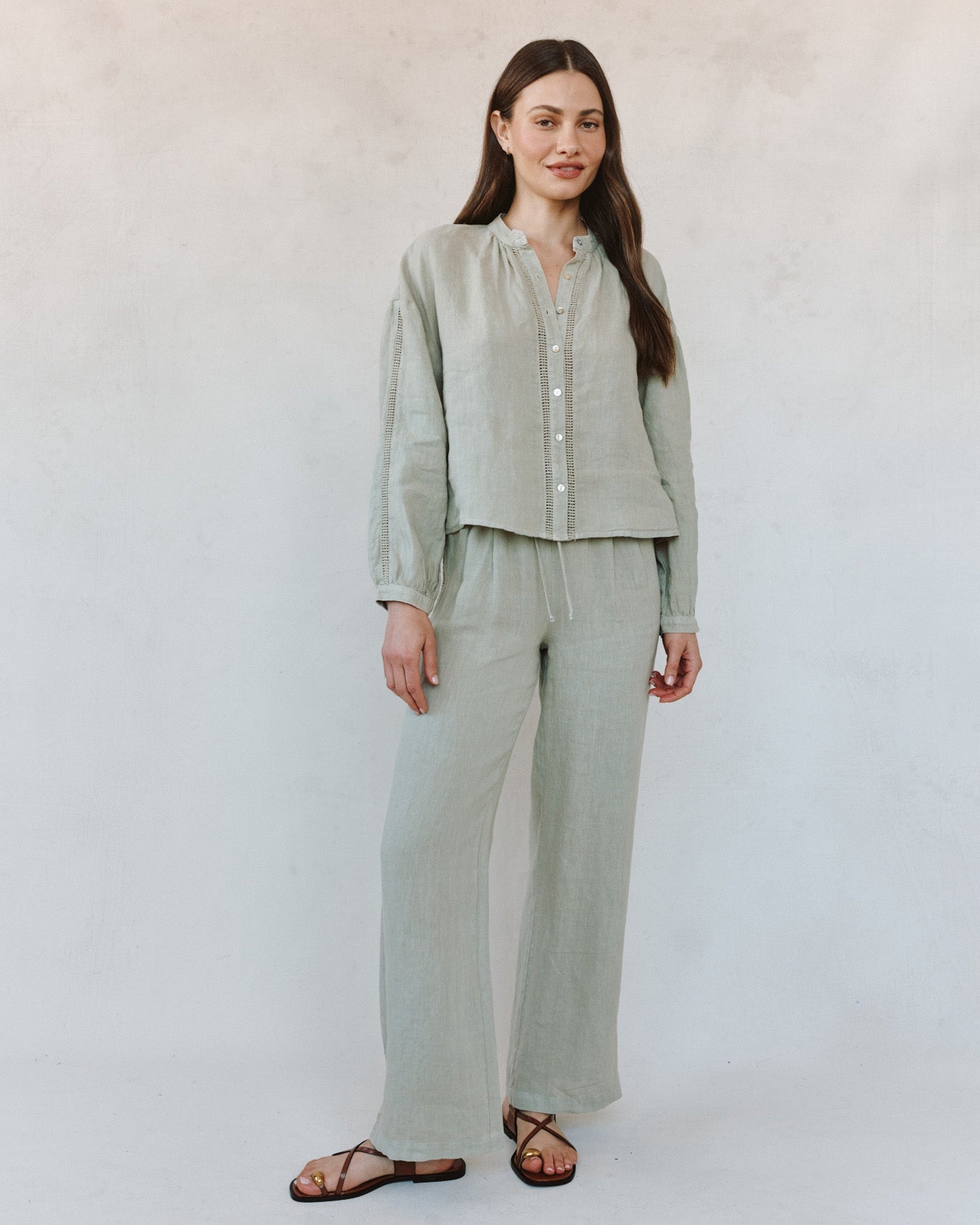 Print Your PostMandarin Collar Trimmed Button Down - Green TeaTops