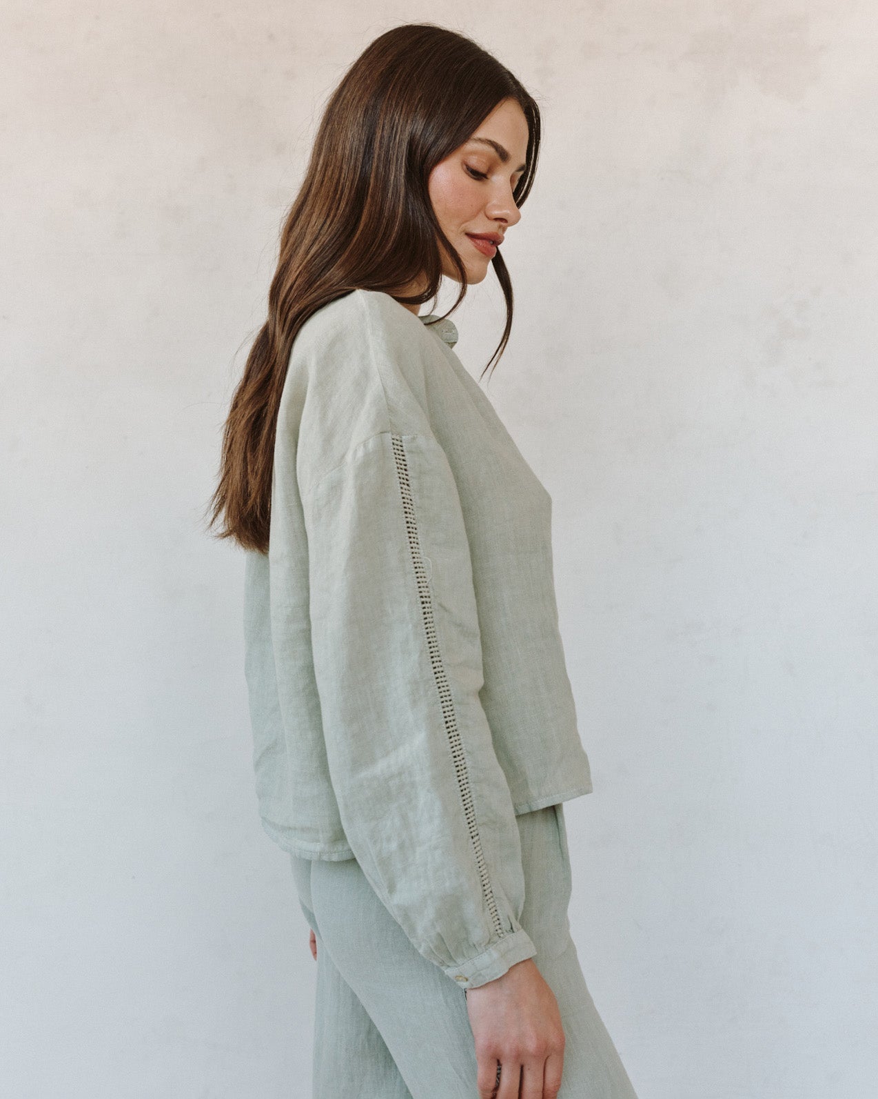 Print Your PostMandarin Collar Trimmed Button Down - Green TeaTops