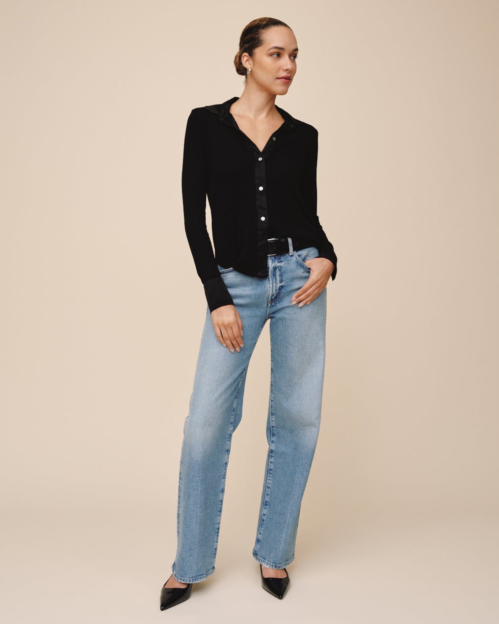 Print Your PostMixed Button Down - BlackTops