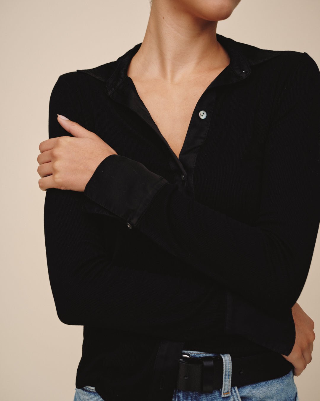 Print Your PostMixed Button Down - BlackTops