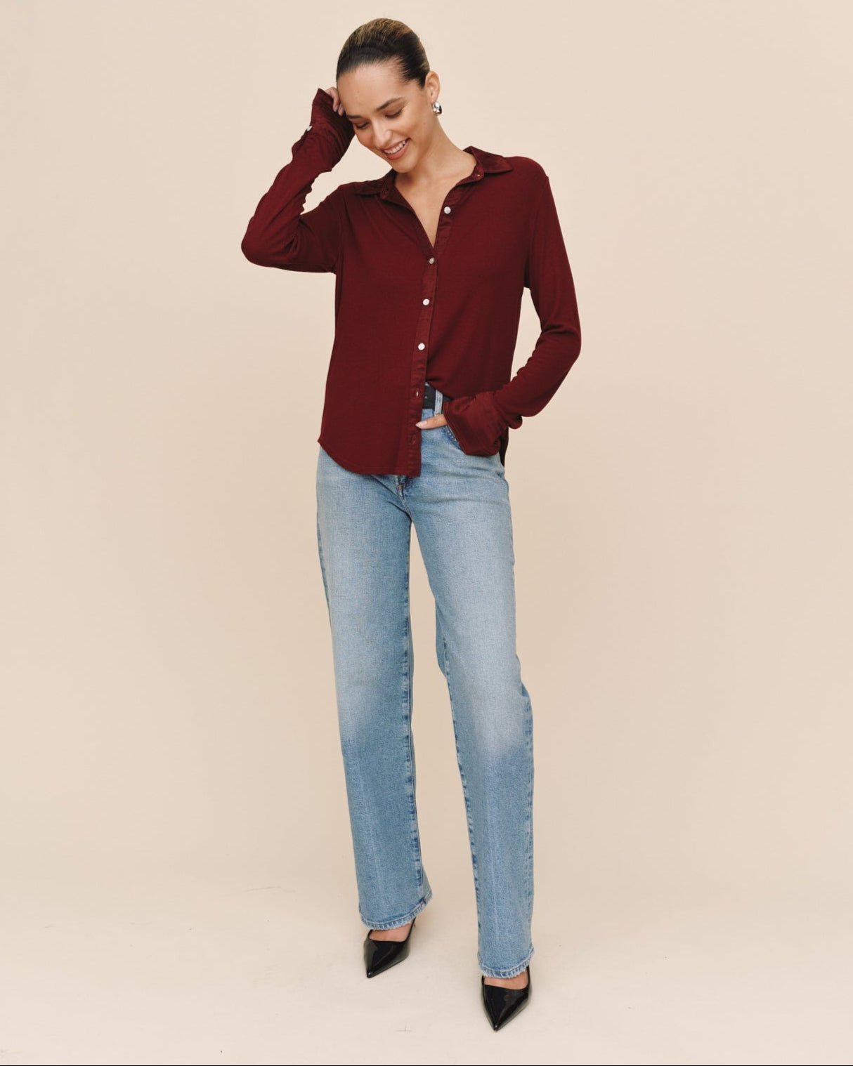 Print Your PostMixed Button Down - Cabernet RedTops
