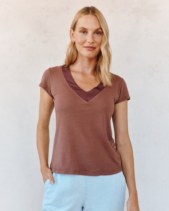 Print Your Post Mixed V Neck Tee - Mocha Cloud
