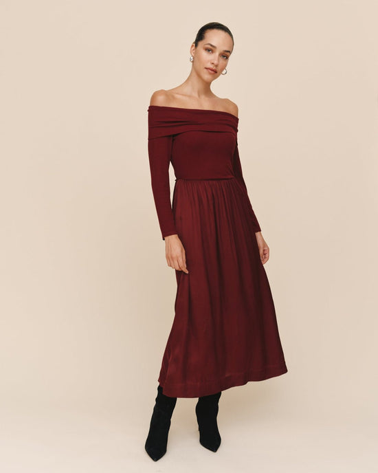 Print Your Post Off Shoulder Dress - Cabernet Red View 2