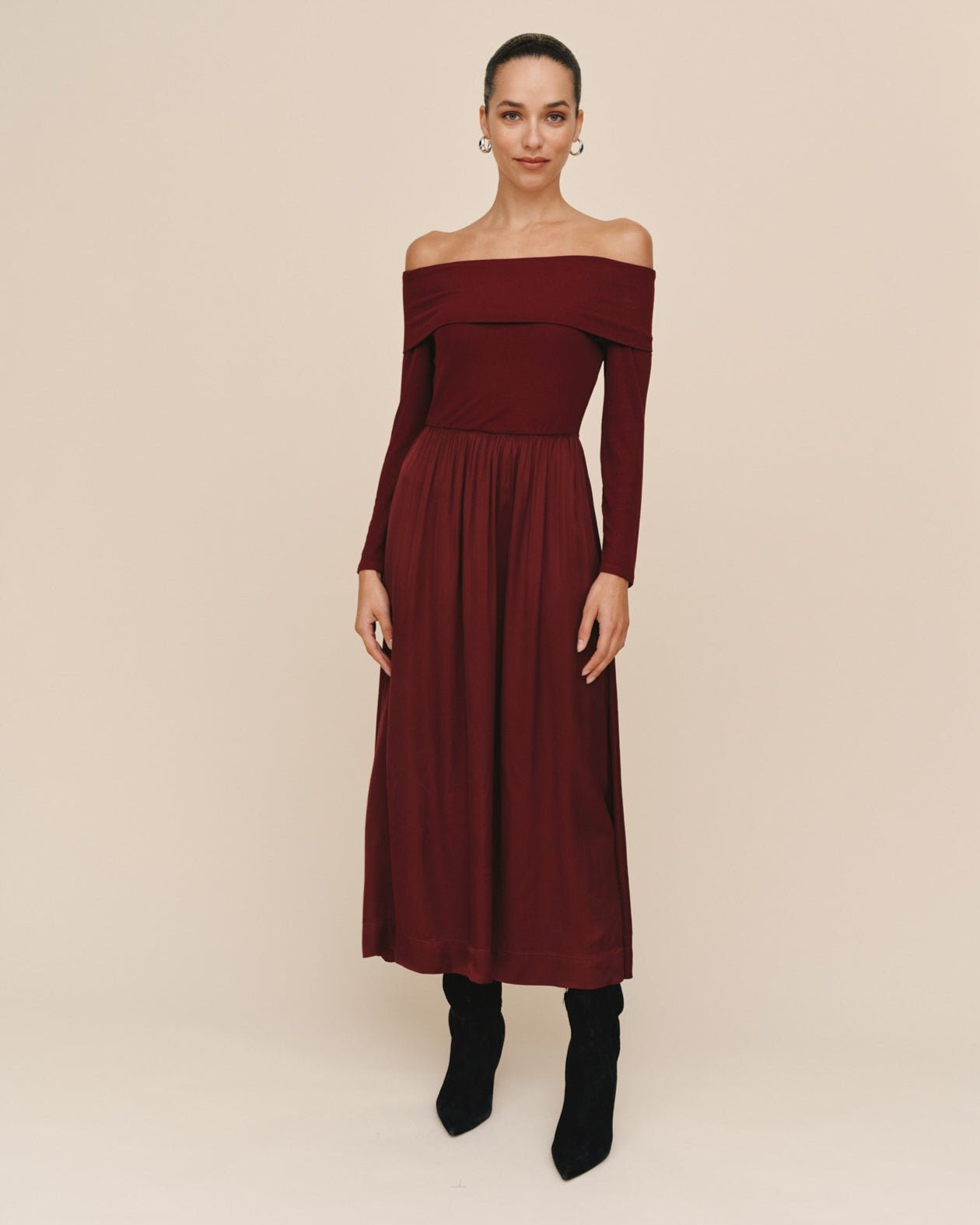 Print Your PostOff Shoulder Dress - Cabernet RedDresses