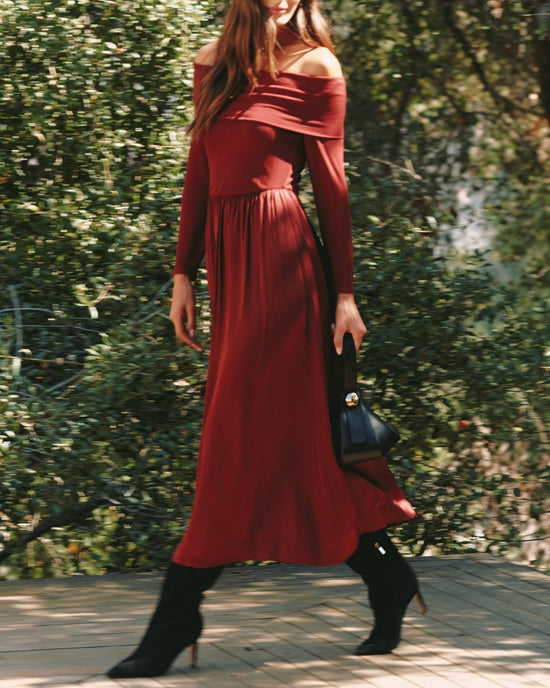 Print Your Post Off Shoulder Dress - Cabernet Red