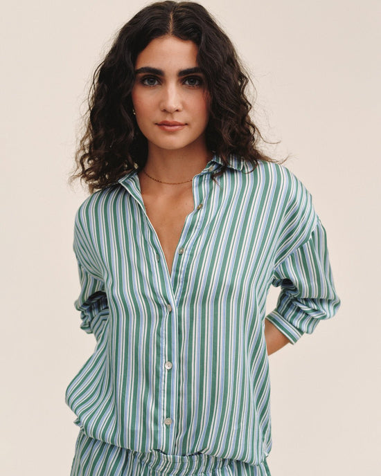 Print Your Post Oversized Button Down - Emerald Surf Stripe View 2