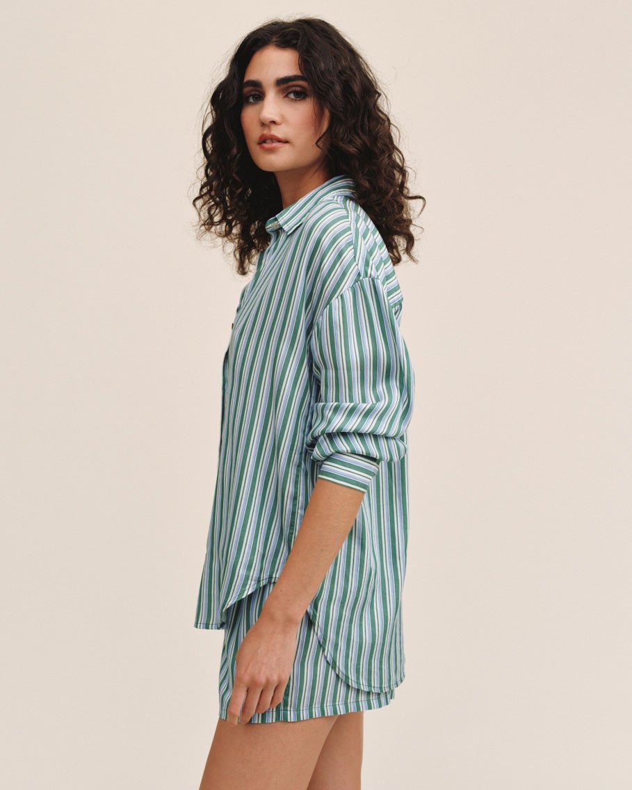 Print Your PostOversized Button Down - Emerald Surf StripeTops