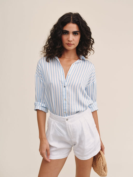 Print Your Post Oversized Button Down - Tidal Blue Stripe