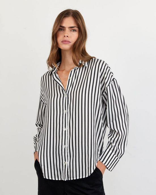 Print Your Post Oversized Button Down - Vintage Black Stripe