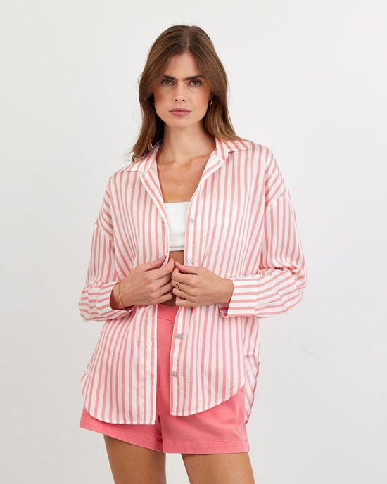 Print Your Post Oversized Button Down - Wild Coral Stripe View 2