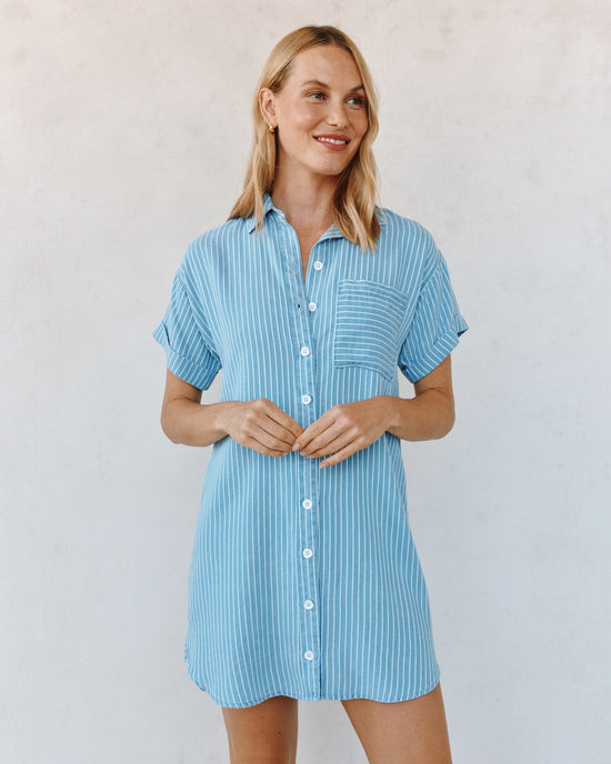 Print Your Post Roll Sleeve Pocket Shirt Dress - Coastal Stripe Wash View 2