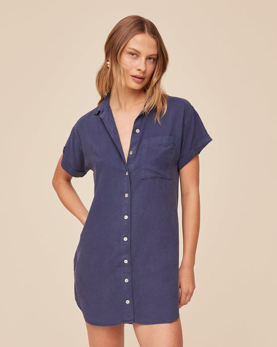 Print Your Post Roll Sleeve Pocket Shirt Dress - Midnight Surf