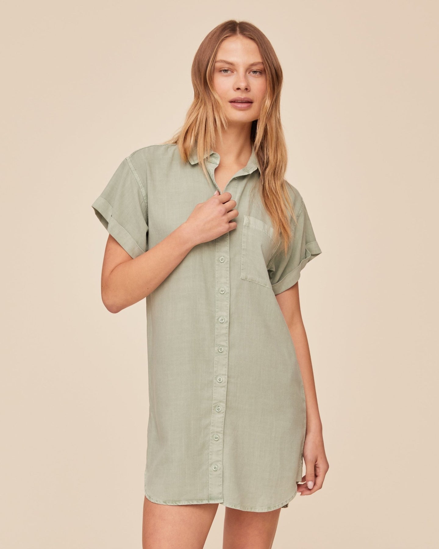 Print Your PostRoll Sleeve Pocket Shirt Dress - Oasis GreenDresses