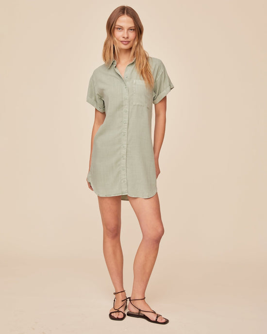Print Your Post Roll Sleeve Pocket Shirt Dress - Oasis Green View 2