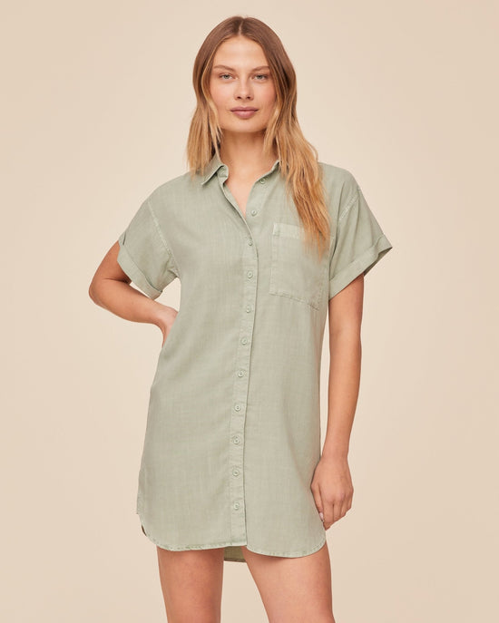 Print Your Post Roll Sleeve Pocket Shirt Dress - Oasis Green