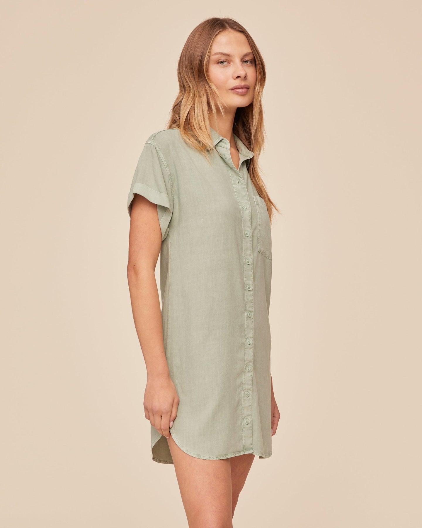 Print Your PostRoll Sleeve Pocket Shirt Dress - Oasis GreenDresses