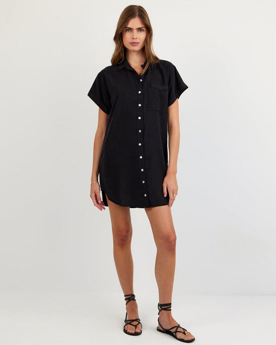 Print Your Post Roll Sleeve Pocket Shirt Dress - Vintage Black