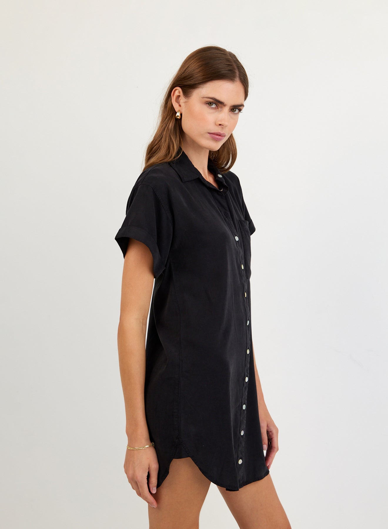 Print Your PostRoll Sleeve Pocket Shirt Dress - Vintage BlackDresses