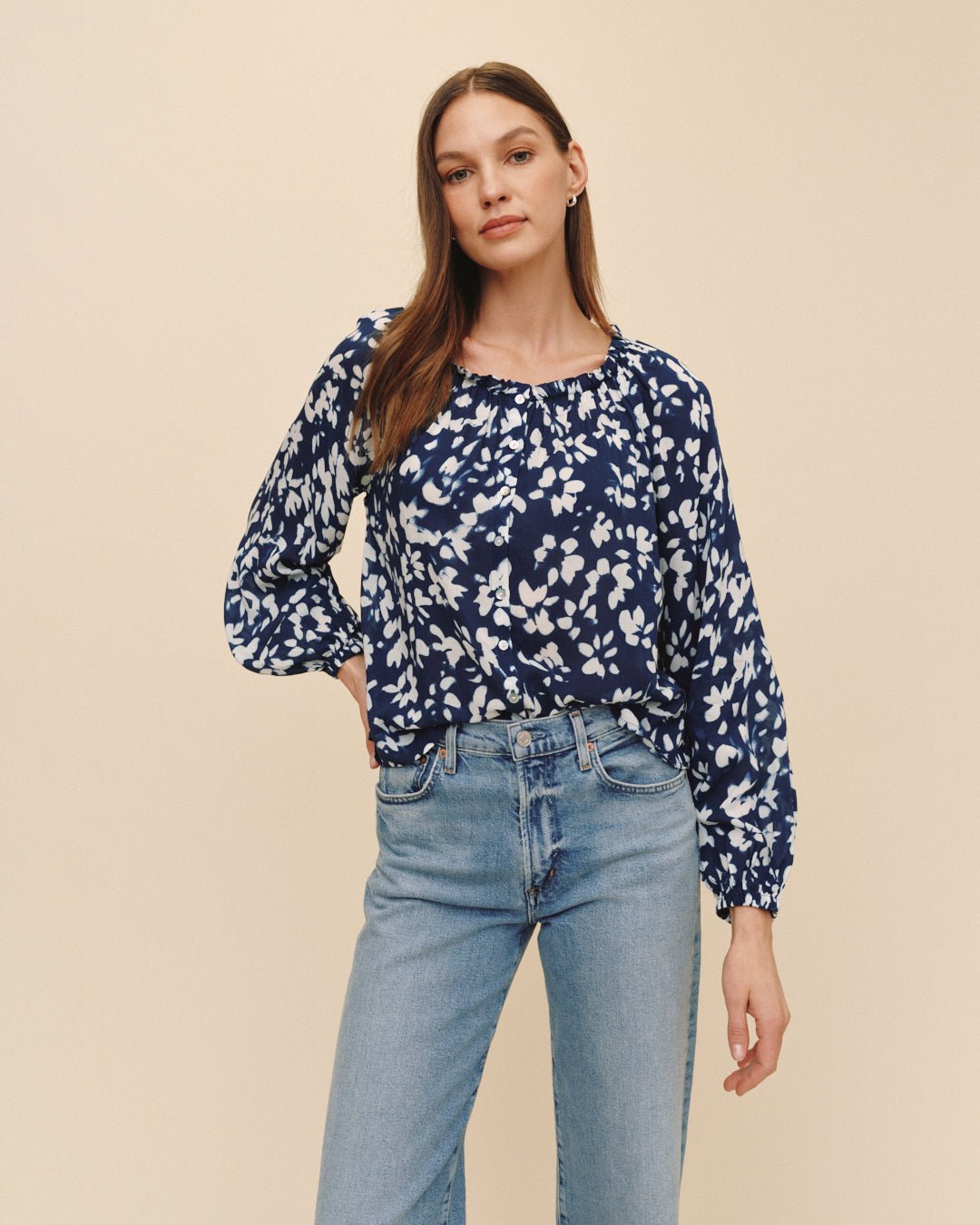 Print Your PostRuffle Neck Raglan Button Down - Indigo Bloom PrintTops