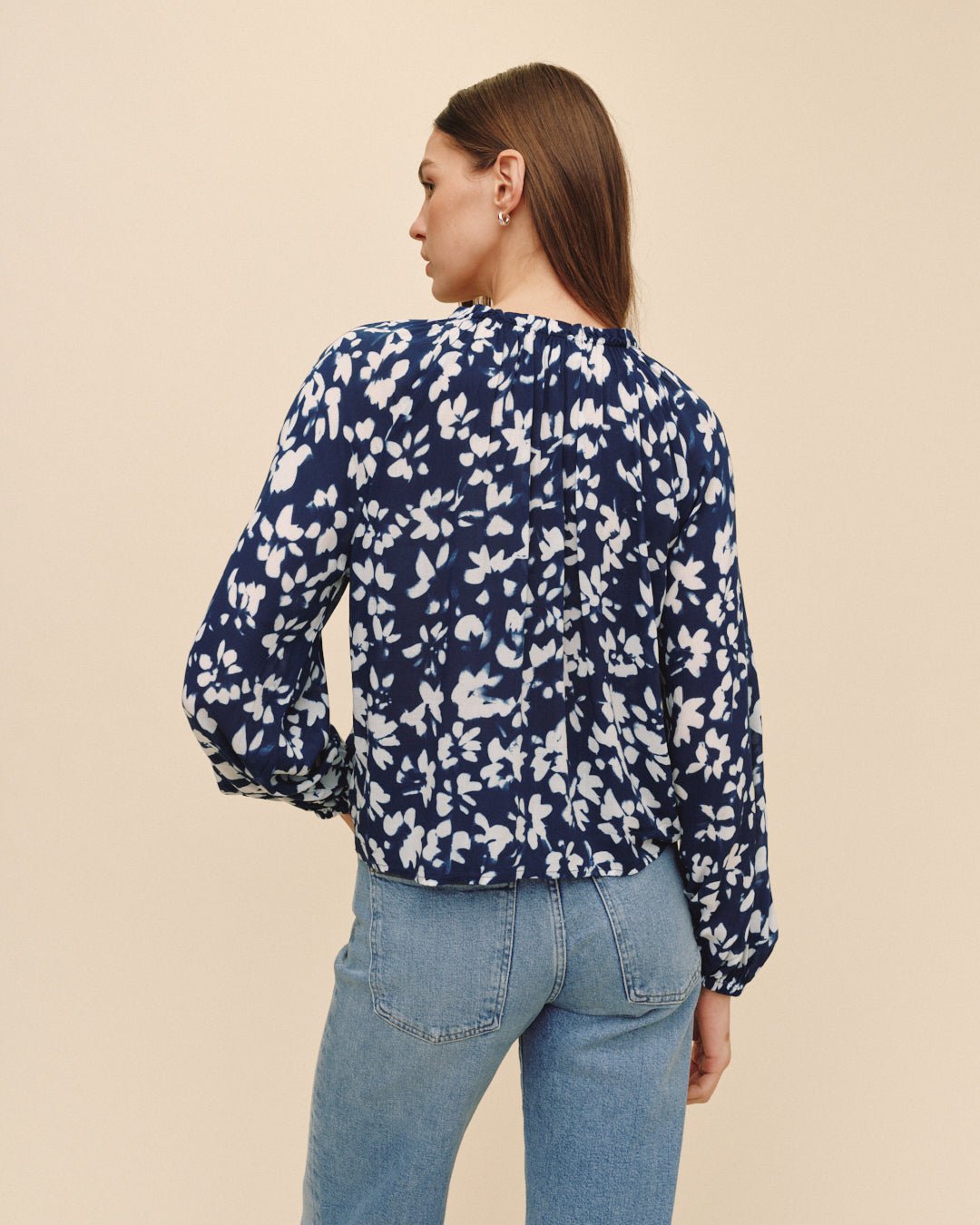 Print Your PostRuffle Neck Raglan Button Down - Indigo Bloom PrintTops