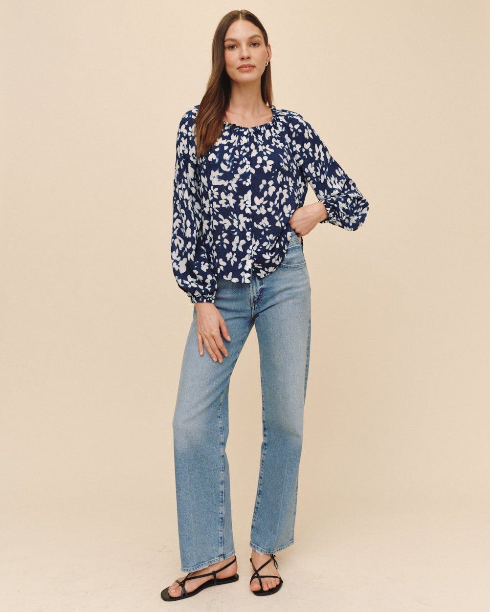 Print Your PostRuffle Neck Raglan Button Down - Indigo Bloom PrintTops
