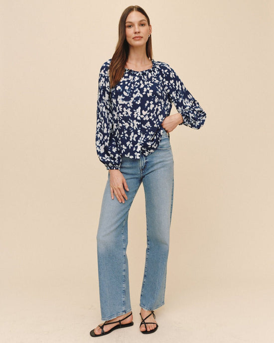 Print Your Post Ruffle Neck Raglan Button Down - Indigo Bloom Print View 2