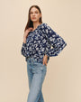 Print Your PostRuffle Neck Raglan Button Down - Indigo Bloom PrintTops