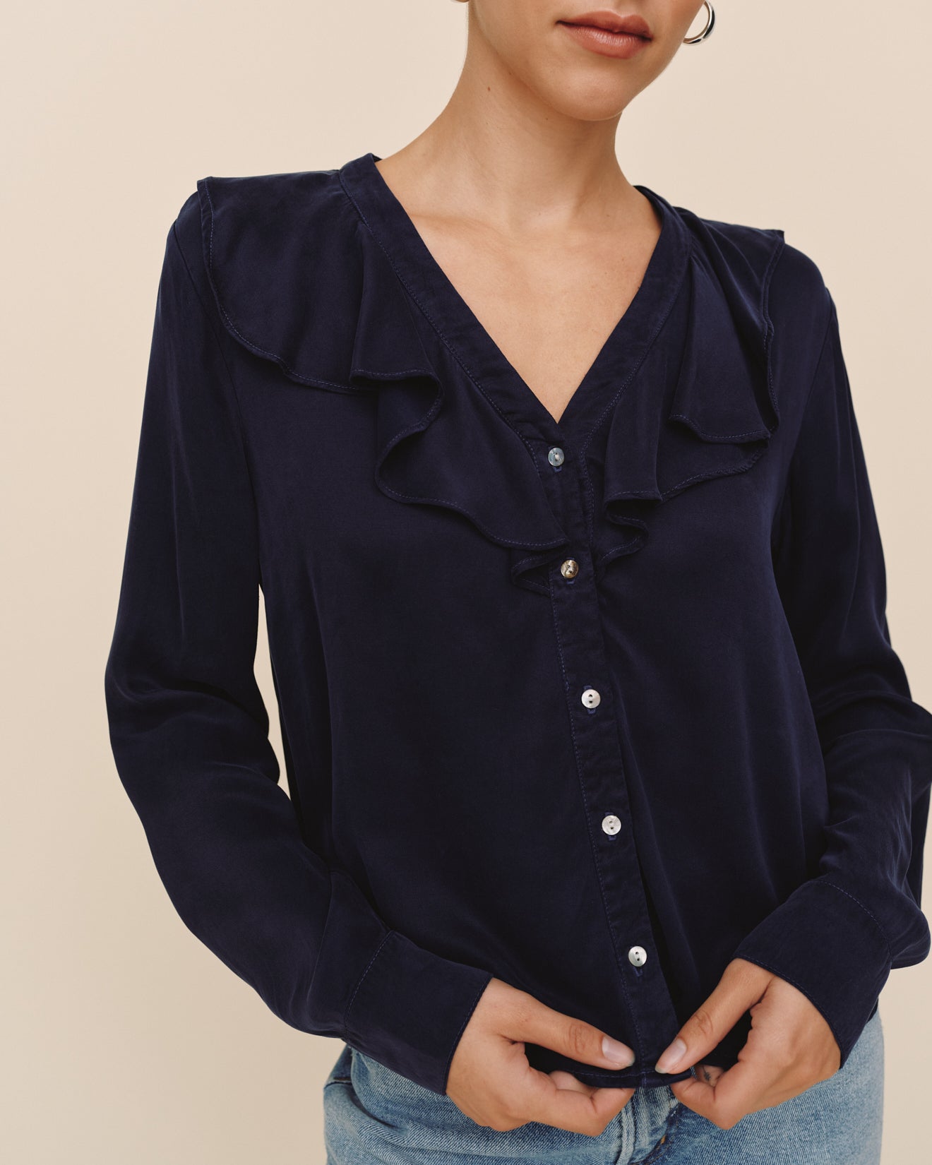 Print Your PostRuffle V - Neck Button Up - Polar EclipseTops