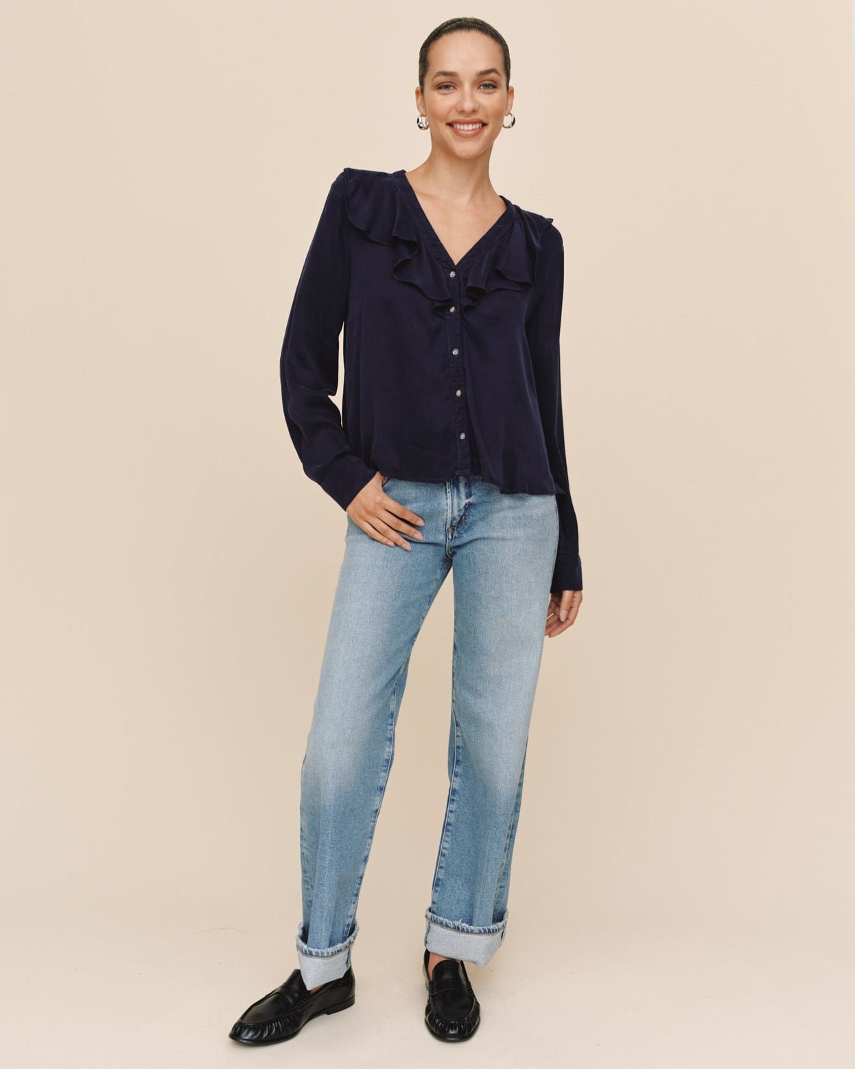 Print Your PostRuffle V - Neck Button Up - Polar EclipseTops