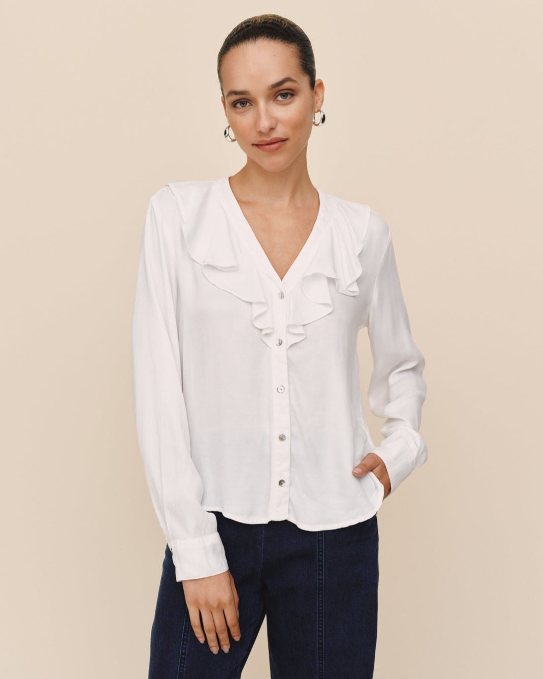 Print Your PostRuffle V - Neck Button Up - WhiteTops