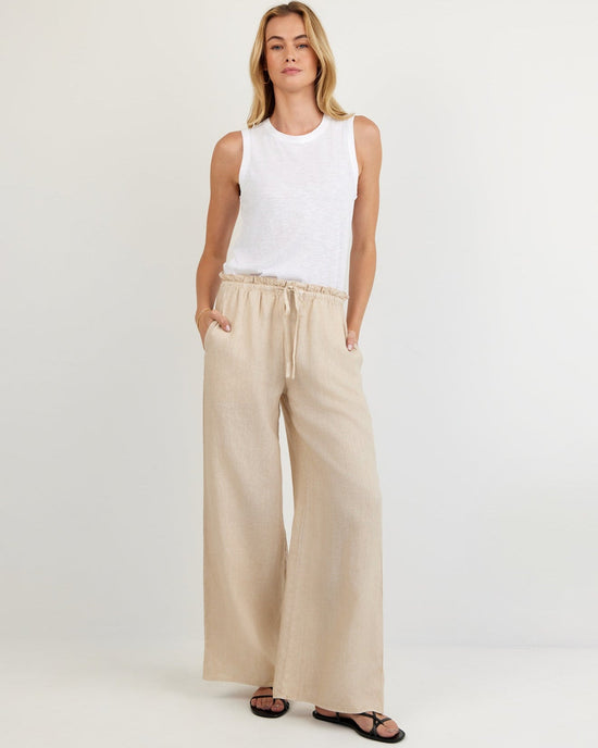 Print Your Post Ruffle Waist Wide Leg Pant - Linen Sand