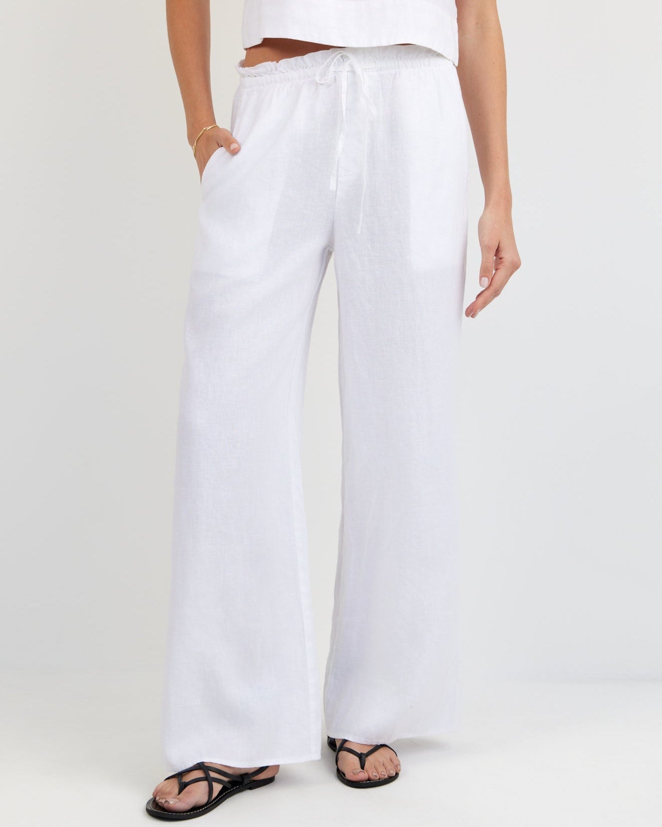 Print Your PostRuffle Waist Wide Leg Pant - WhitePants