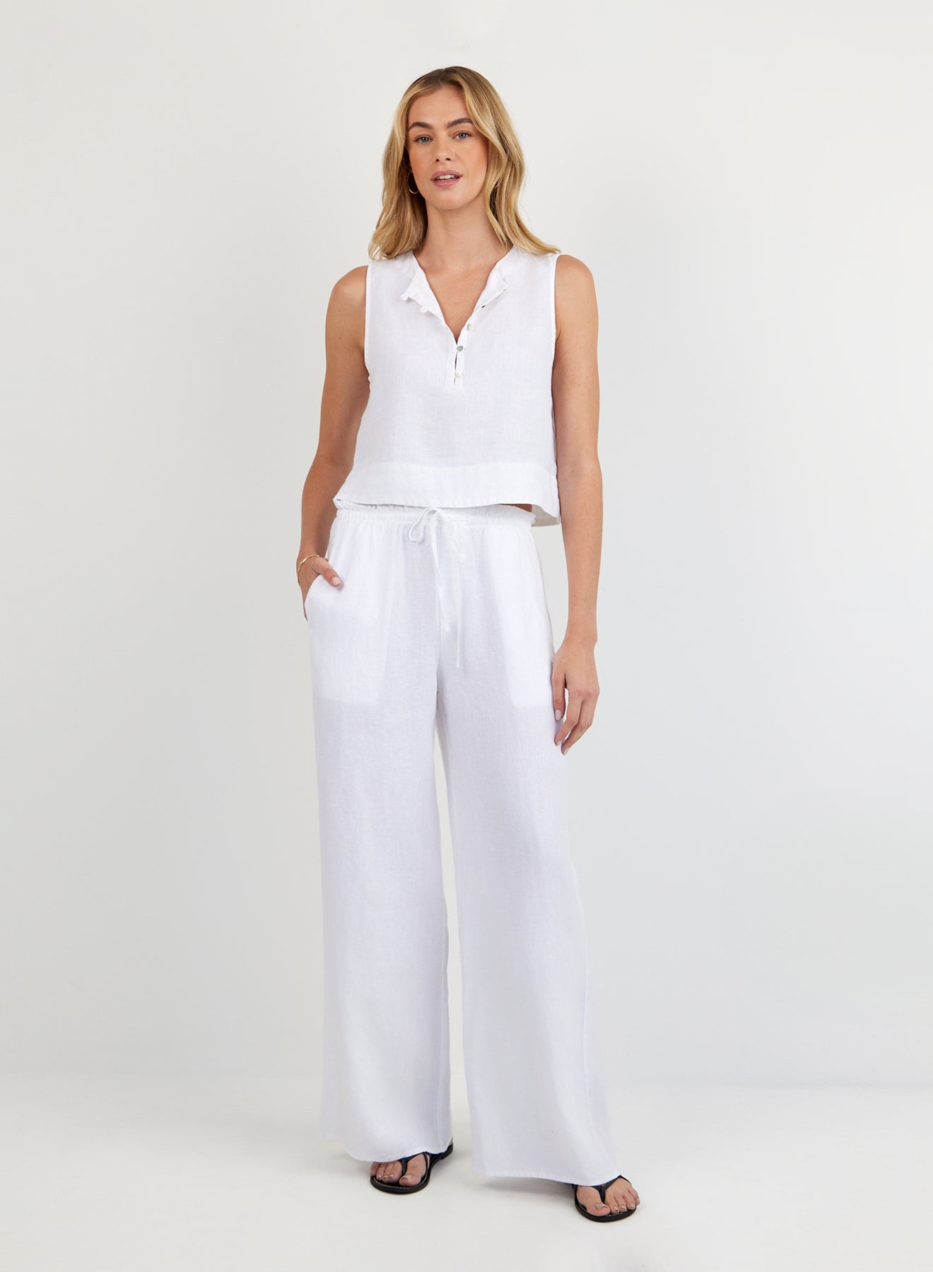 Print Your PostRuffle Waist Wide Leg Pant - WhitePants