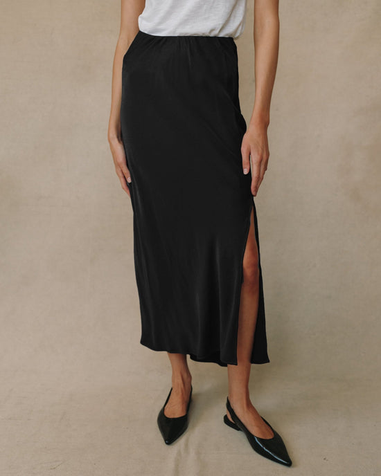 Print Your Post Satin Side Slit Bias Maxi Skirt - Black View 2