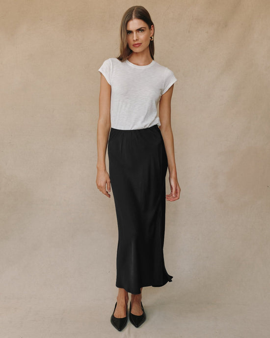 Print Your Post Satin Side Slit Bias Maxi Skirt - Black